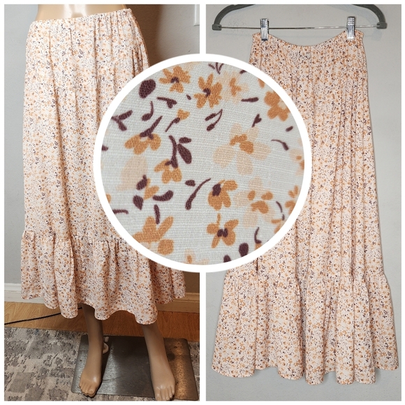 La La Land Creative Floral Midi Maxi Skirt Beige Golden Brown purple Floral XS/S - Picture 1 of 12